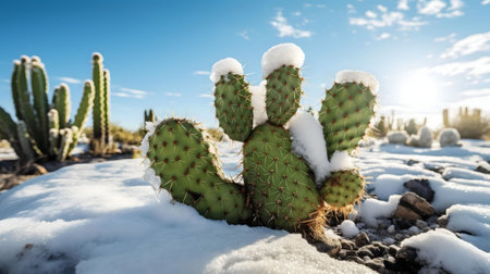 A captivating image of a snow-covered cactus in a desert setting, showing the unexpected beauty of winter in an arid environment.の写真素材