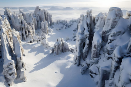 Breathtaking aerial view of snow-covered rock formations in a remote winter landscape. The scene is serene and peaceful.の写真素材