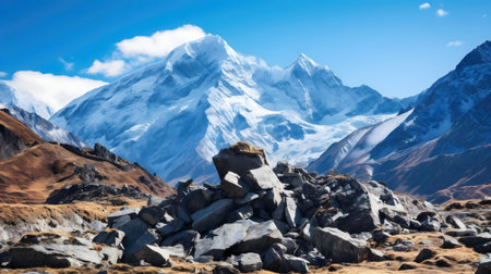 Stunning view of snow capped Himalayan mountains with a foreground of large rocks.の写真素材