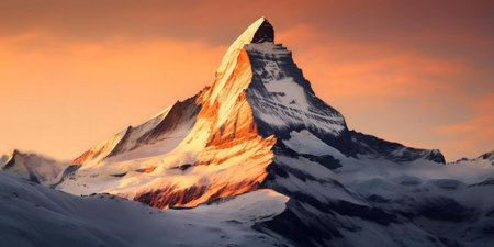 Stunning sunrise view of the Matterhorn, iconic Swiss Alps peak, covered in snow. Breathtaking landscape photography.の写真素材