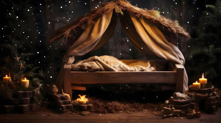 A serene nativity scene set in a snowy night, featuring a wooden manger and soft candlelight. Peaceful and evocative of Christmas.の写真素材