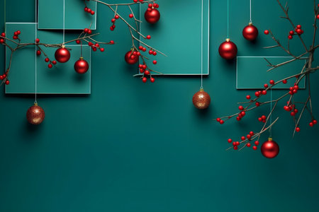 Minimalist Christmas decor with red ornaments and berries against a teal background.