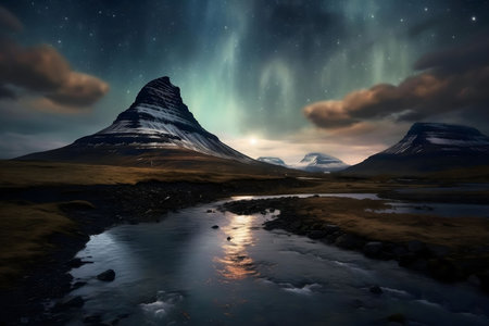 Majestic Icelandic mountains under a breathtaking aurora borealis display. A serene river reflects the celestial wonder.の写真素材