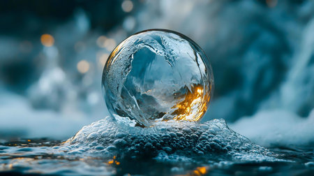 A delicate crystal globe mirroring the world sits upon a bed of frothy water. It symbolizes our planet's vulnerability.の写真素材