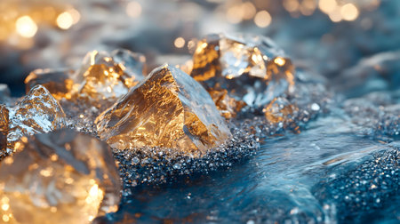 Close-up of glistening ice crystals reflecting sunlight. A stunning winter sceneの写真素材