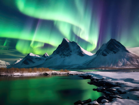 Stunning aurora borealis display over a tranquil lake, reflecting the vibrant lights against a backdrop of snow-covered mountains.の写真素材