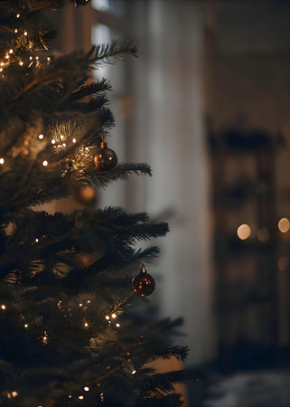 Close-up view of a decorated Christmas tree with warm, glowing lights and bronze ornaments. The background is blurred.の写真素材