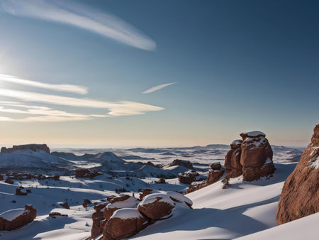 Stunning winter panorama of snow-covered canyons and rock formations under a clear blue sky.の写真素材