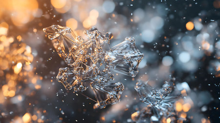 Abstract image of crystalline structures, reminiscent of snowflakes, illuminated against a blurred backdrop. Intricate details showcase a mesmerizing effectの写真素材