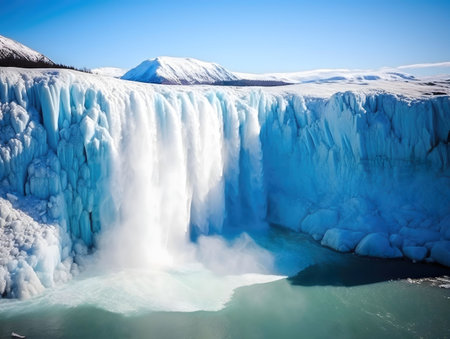 Stunning glacial waterfall cascading down icy cliffs, creating a mesmerizing winter scene in Iceland. Breathtaking nature photography.の写真素材