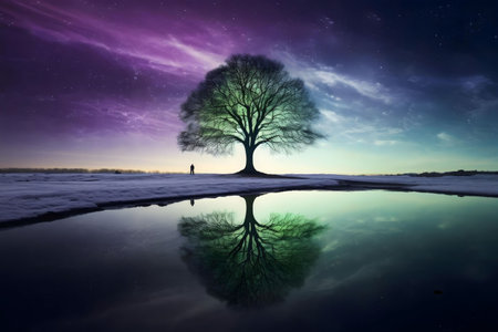A lone tree stands by a frozen lake, its reflection mirroring the beautiful night sky filled with stars.の写真素材