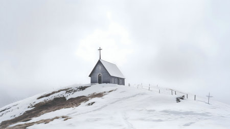 A solitary church stands on a snow-covered hill, a serene winter landscape.の写真素材