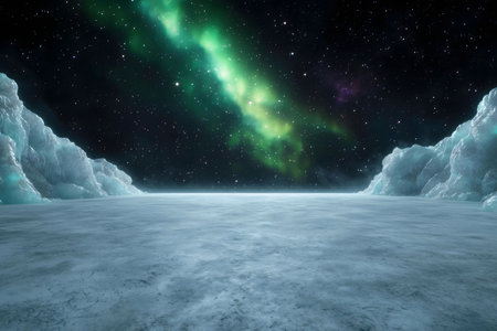 A stunning icy expansion under an ethereal aurora borealis, against the backdrop of a star-filled night sky. A scene of serenity and wonder.の写真素材