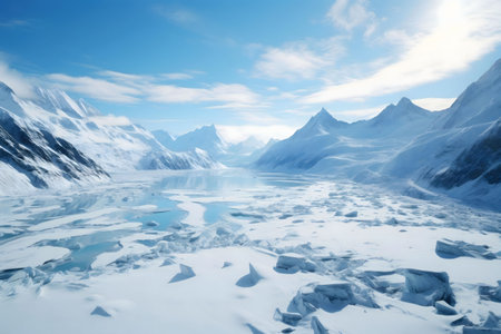 Stunning view of a frozen lake nestled amidst snow-capped mountains in Antarctica. A scene of pure winter serenity.の写真素材
