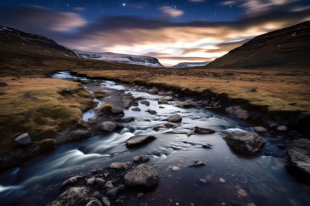 A tranquil river flows through a serene Icelandic valley under a starlit sky. The image evokes a sense of peace and wonder.の写真素材