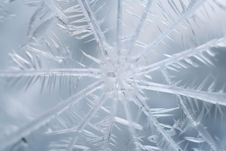 Close-up of an intricately ice crystal, showing its delicate structure and cold beauty. A...