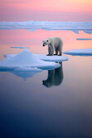 A lone polar bear stands on a piece of ice, its reflection mirrored in the calm water. The sky is a stunning pink and blue sunset.の写真素材