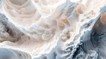 An abstract digital art piece depicting a landscape with whitish-gray textures and organic forms.