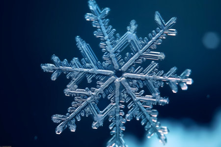 Macro photograph showing the intricate details of a single snowflake against a dark blue background. A stunning display of winter's beautyの写真素材
