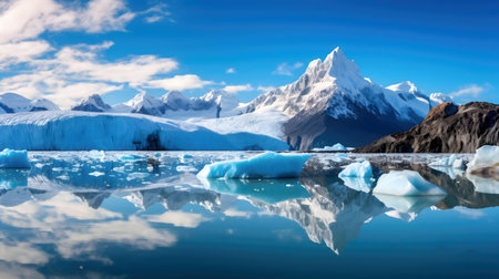 Stunning glacial lake reflecting snow-capped mountains. A serene and peaceful scene of natural beauty.の写真素材