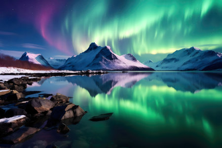 Breathtaking aurora borealis lights illuminating a serene lake reflecting the magical snowy mountains.の写真素材