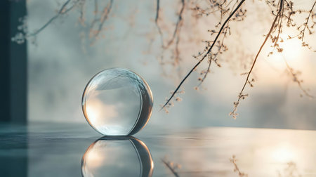 A crystal sphere reflects a serene winter sunrise. Branches with frost add to the scene's tranquil...