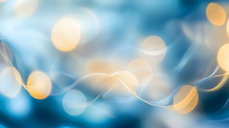 Abstract background with blue and gold bokeh lights and smooth light trails.の写真素材