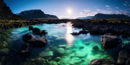 A breathtaking panorama of a serene Icelandic river, its turquoise waters reflecting the majestic mountains and clear blue sky.の写真素材