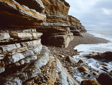 Majestic layered cliffs meet the ocean's edge. A beautiful coastal scene.の写真素材