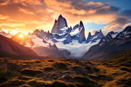 Stunning sunset illuminates Fitz Roy mountain in Patagonia. Breathtaking view of majestic peaks and serene landscape.の写真素材
