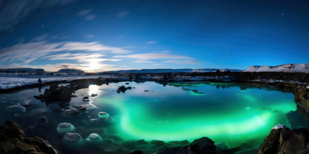 Stunning nighttime panorama of a geothermal pool in Iceland, glowing green under a starlit sky. Peaceful and magical.の写真素材