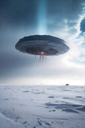 A futuristic spaceship hovers over a desolate, snow-covered landscape. A beam of light shines from above.の写真素材