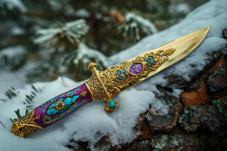 A handcrafted dagger, adorned with gold and precious stones, rests on a snow-covered log in a winter forest. Its intricate design is breathtaking.の写真素材