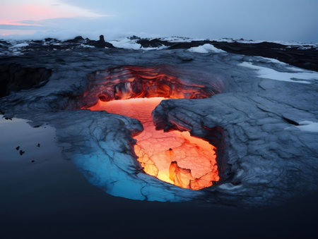 Stunning image of a lava cave in Iceland, showing the raw power of nature. Fiery glow meets icy landscape.の写真素材