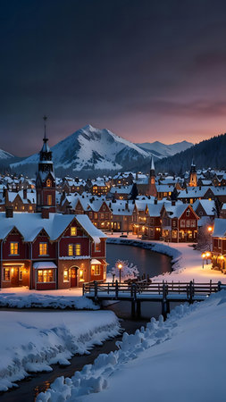 A charming winter village nestled in the mountains at night. Cozy houses illuminated against a snowy backdrop create a magical scene.の写真素材