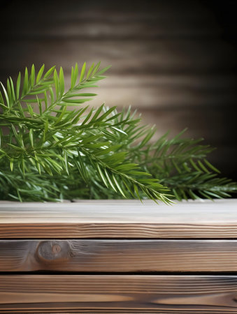 A close-up of vibrant green leaves on a rustic brown wooden table, creating a peaceful scene.の写真素材