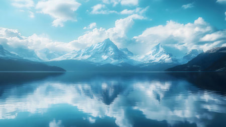 Stunning mountain lake with perfect reflection. Peaceful, scenic view.の写真素材