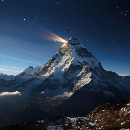 Stunning night view of a snow-capped mountain peak under a starlit sky. The majestic landscape evokes a sense of serenity and awe.の写真素材