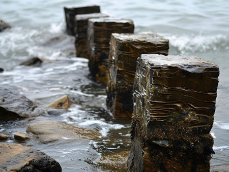Stone blocks in the ocean, waves washing over them. Peaceful ocean scene.の写真素材
