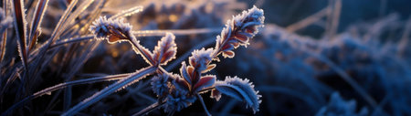 Close-up of frost-covered plants in the morning light, creating a beautiful winter scene.の写真素材