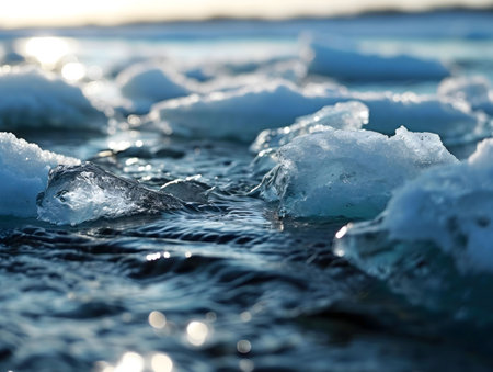 Stunning close-up of glacial ice floes gently floating on a calm arctic lake. The sun glistens off...
