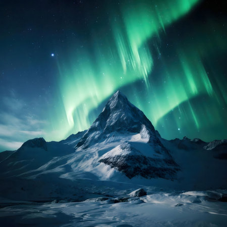 A breathtaking view of the Aurora Borealis illuminating a snow-capped mountain. Magical night scene.の写真素材