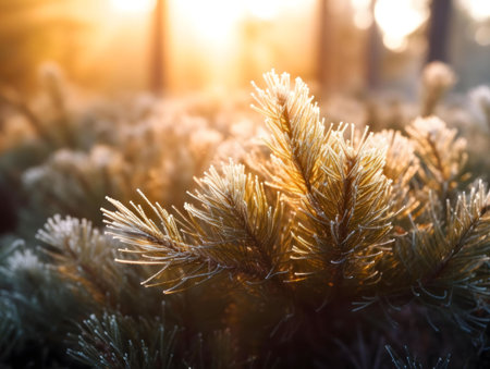 Frosty pine needles glow in the golden light of a winter sunrise. A tranquil forest scene.の写真素材