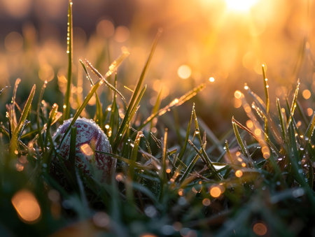 Easter egg nestled in dewy grass at sunrise. Golden hour light.の写真素材