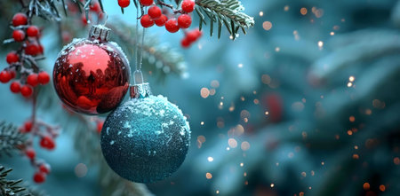Two snow-covered Christmas ornaments hang from a frosty branch, creating a festive winter scene.の写真素材