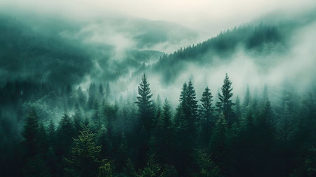 Misty mountain forest, serene landscape, calm atmosphere. Nature photography.