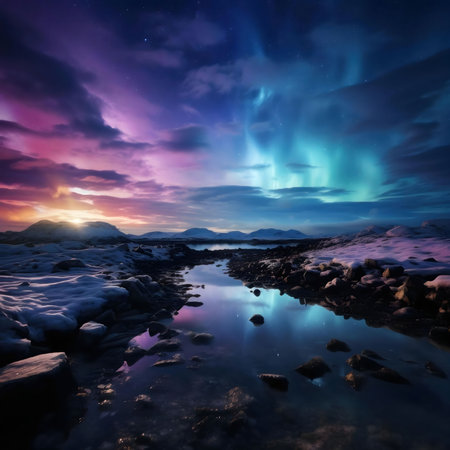 A mesmerizing aurora borealis illuminates a snowy winter landscape. The reflection in the still water creates a magical scene.の写真素材