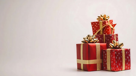 Three red gift boxes with gold ribbons stacked on a white background.
