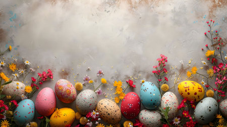 A vibrant image featuring beautifully painted Easter eggs surrounded by colorful spring flowers....