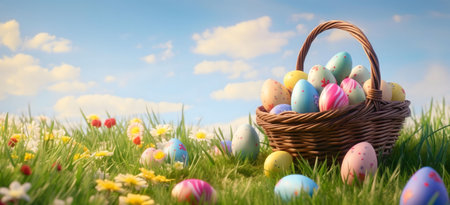 A wicker basket full of colorful Easter eggs sits in a vibrant green meadow filled with wildflowers...